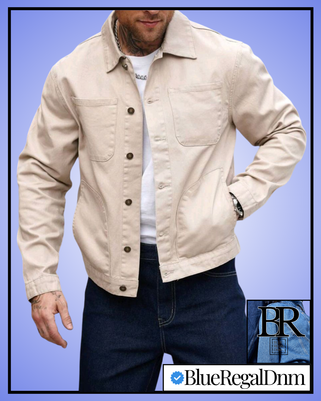 BlueRegalDenim® Men's Retro Motorcycle Khaki Denim Jacket