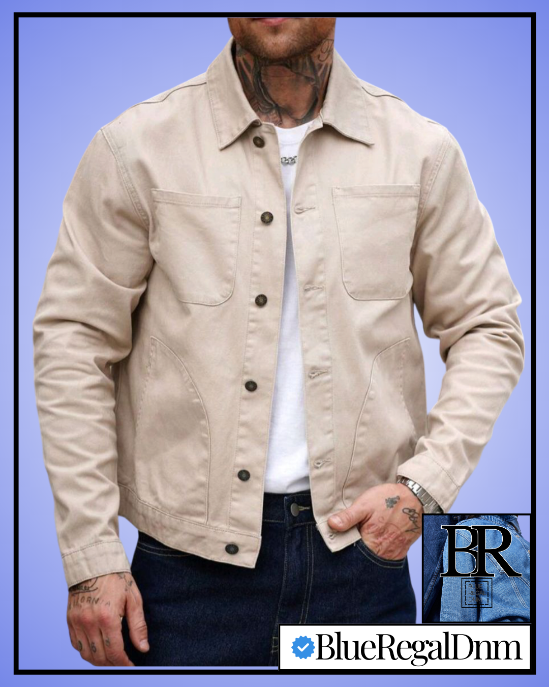 BlueRegalDenim® Men's Retro Motorcycle Khaki Denim Jacket