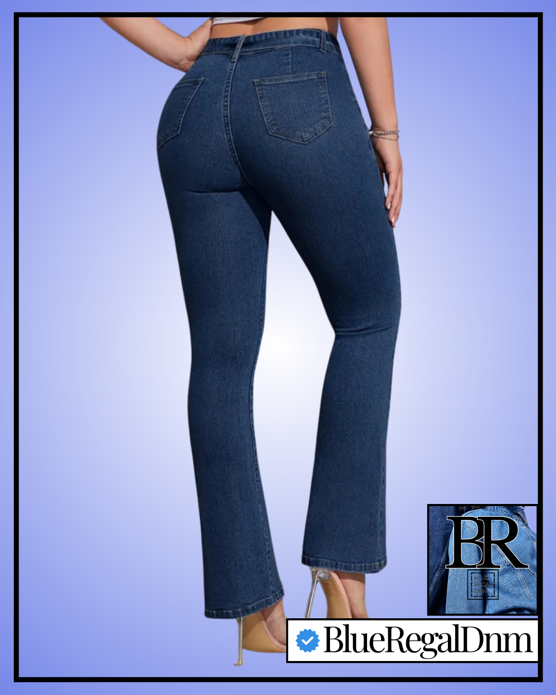 BlueRegalDnm Women's High-Elasticity Stretchy Denim Flare Jeans with Tie Belt - Deep Blue