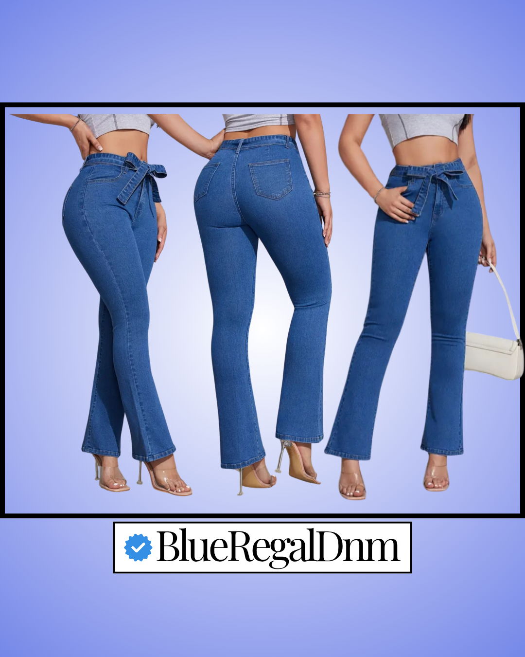 BlueRegalDnm® Women's High-Elasticity Stretchy Denim Flare Jeans with Tie Belt - Blue