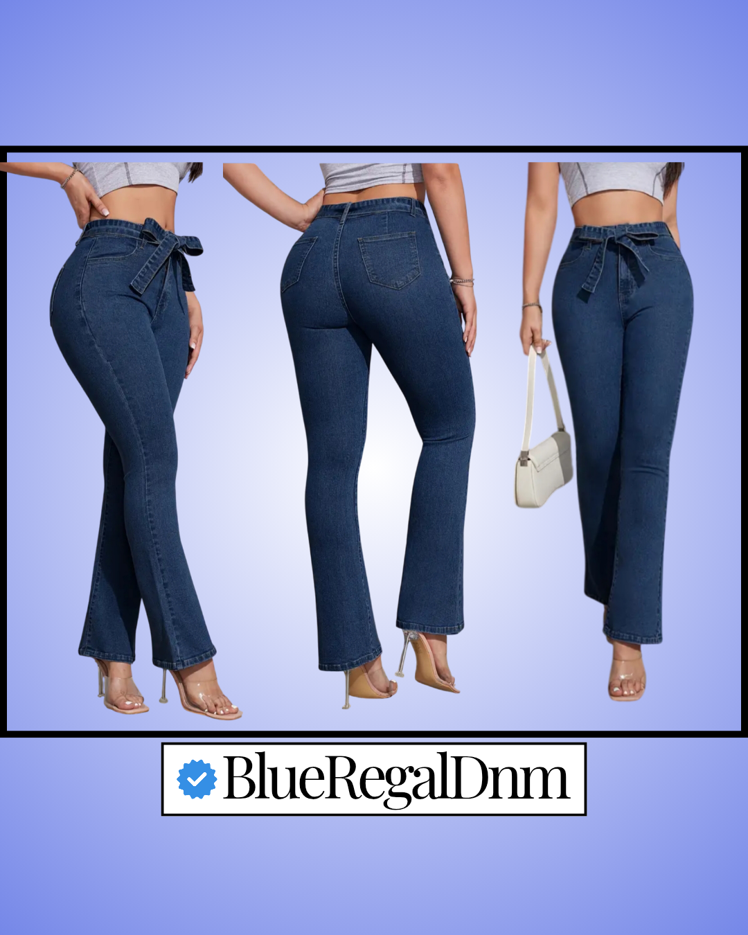 BlueRegalDnm® Women's High-Elasticity Stretchy Denim Flare Jeans with Tie Belt - Deep Blue