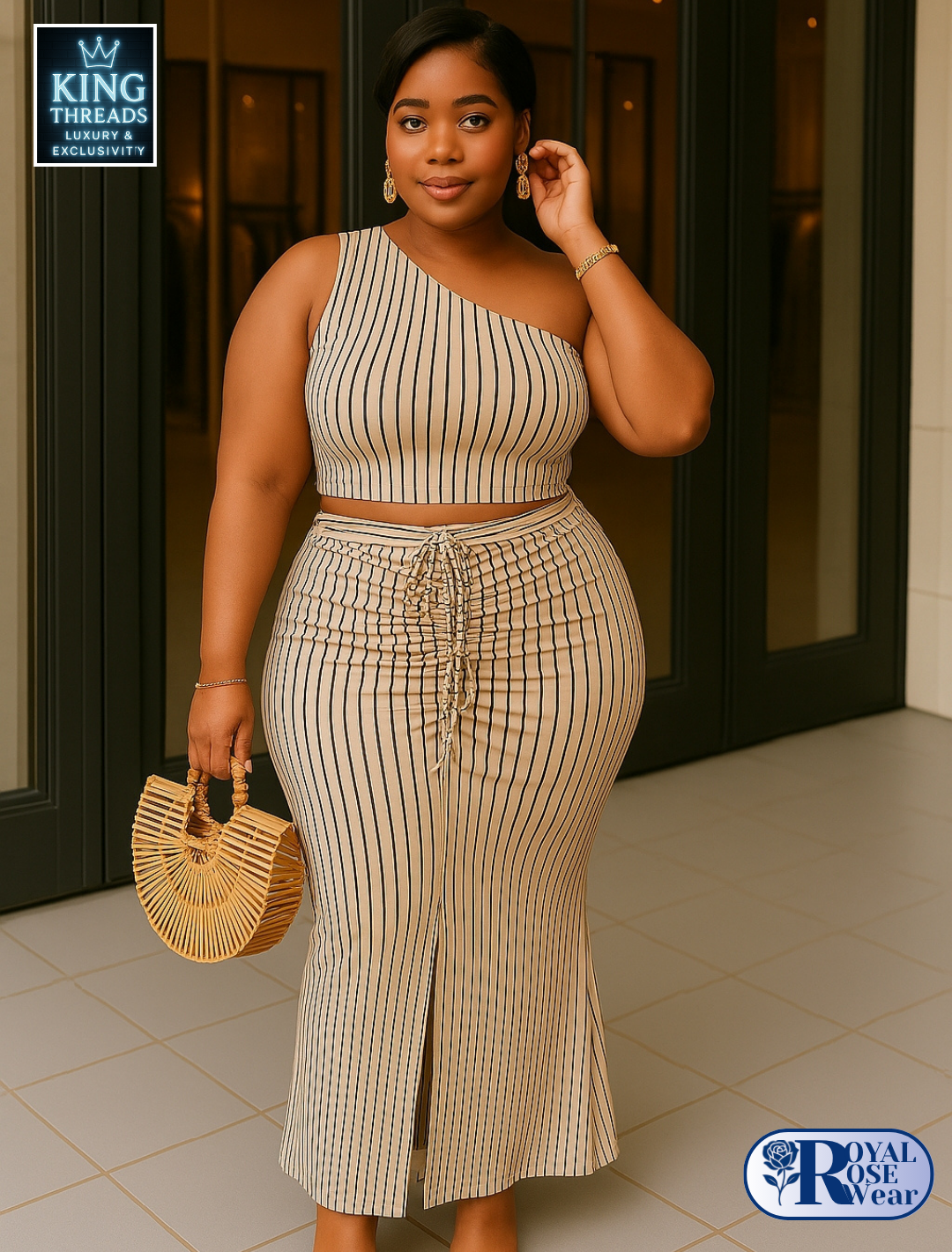 Royal Rose® – Striped One-Shoulder Pleated Top & Mermaid Skirt Set