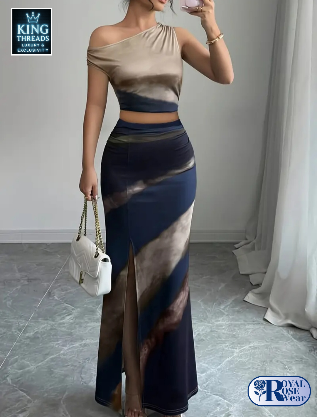 ROYAL ROSE® 2 Piece Elegant Asymmetrical Neckline Sleeveless Top & High-Waisted Skirt Set
