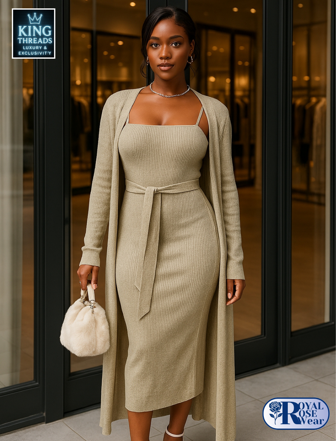 Royal Rose® – Hollowed Ribbed Suspender Dress & Side-Tie Jacket Set