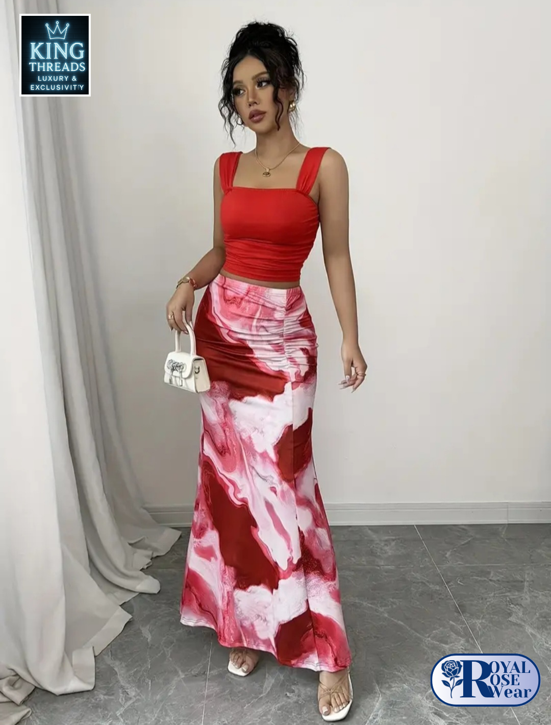 ROYAL ROSE® Elegant Floral Print Two-Piece Set Red & White