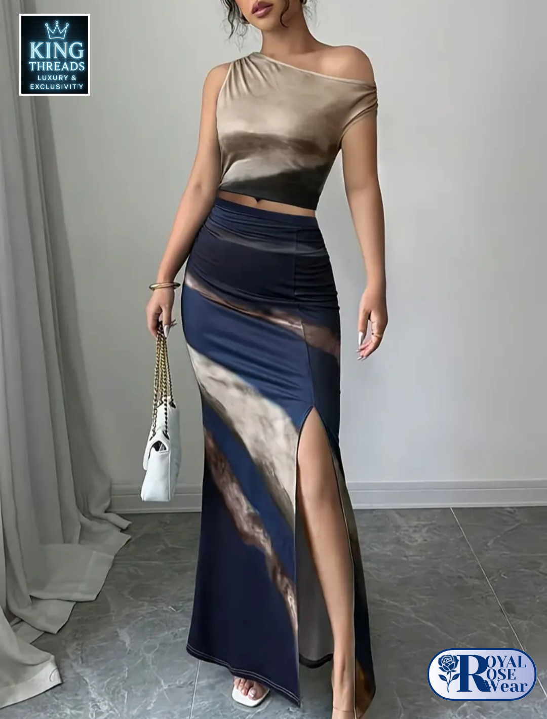 ROYAL ROSE® 2 Piece Elegant Asymmetrical Neckline Sleeveless Top & High-Waisted Skirt Set