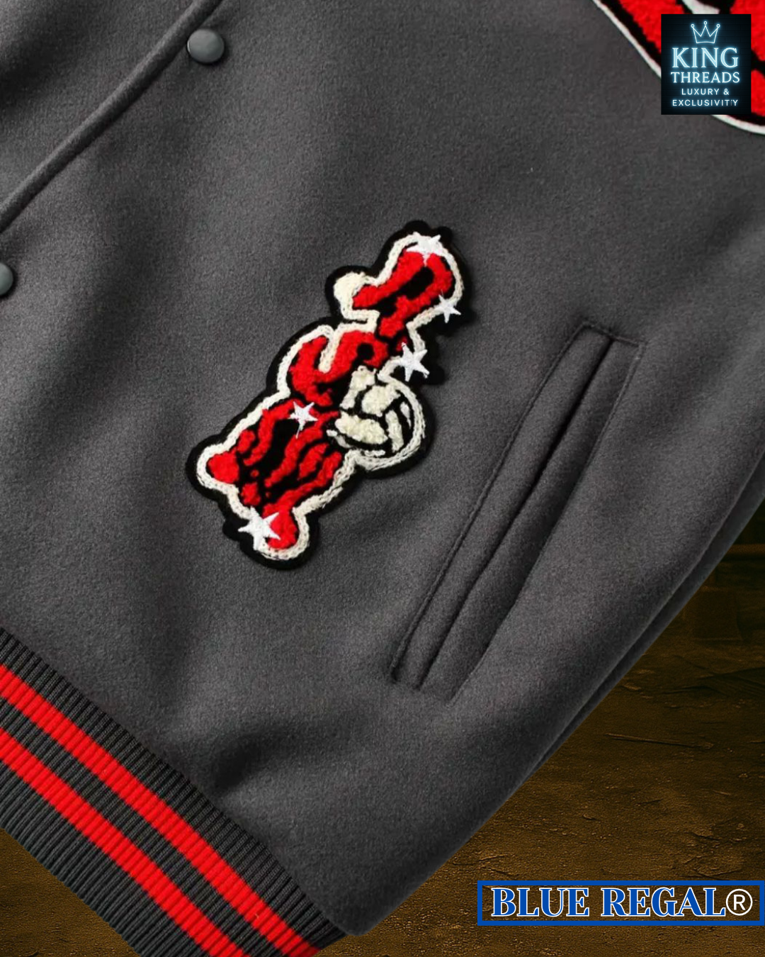 BLUEREGAL® 2025 Devi'l Embroidered Bomber – Red Stitch