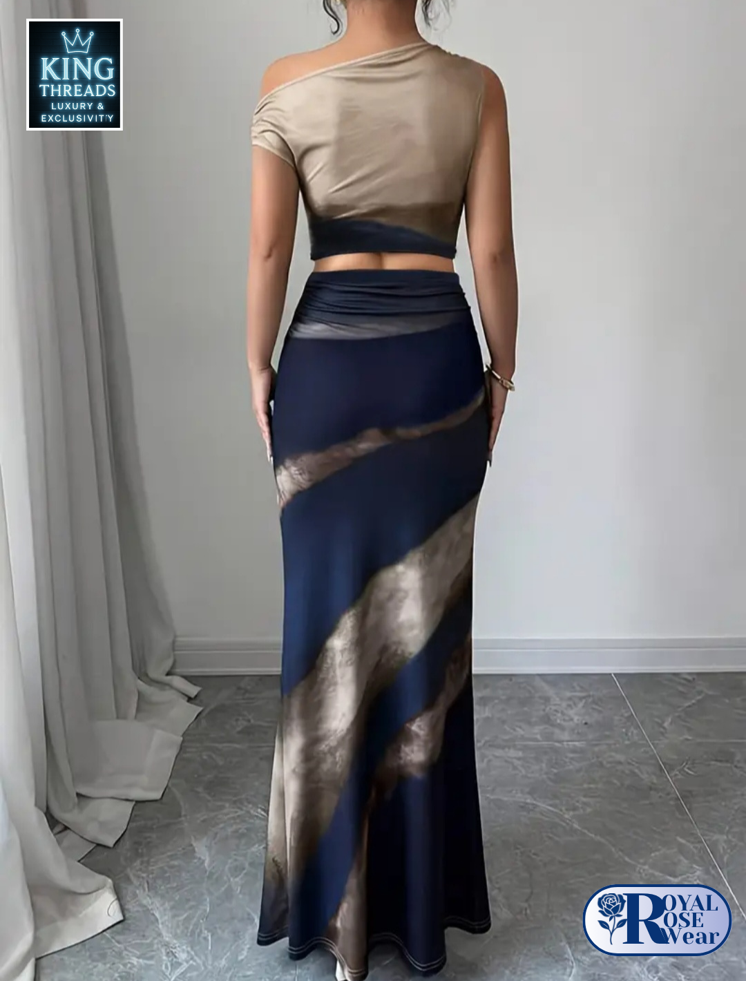 ROYAL ROSE® 2 Piece Elegant Asymmetrical Neckline Sleeveless Top & High-Waisted Skirt Set