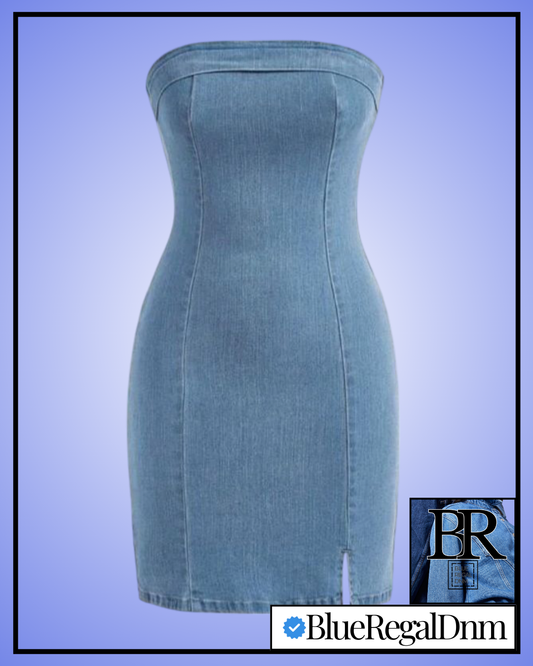 BlueRegalDenim Women's Blue Summer Bodycon Split Hem Tube Denim Dress