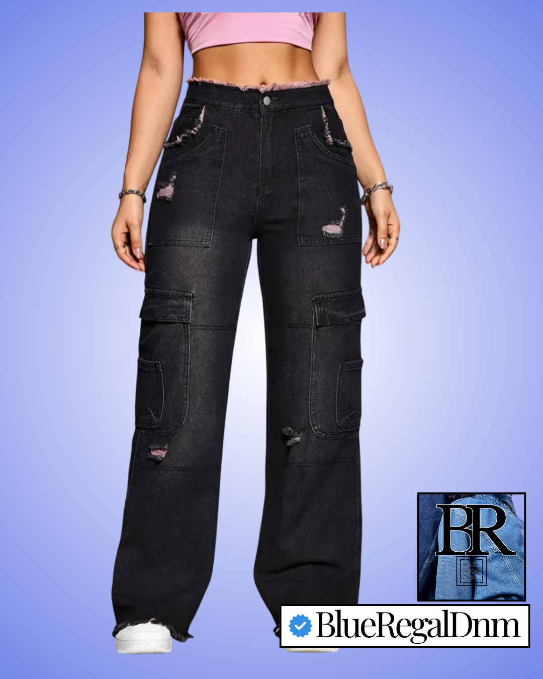 BlueRegalDnm Women's Vintage Ripped Distressed Cargo Denim Jeans