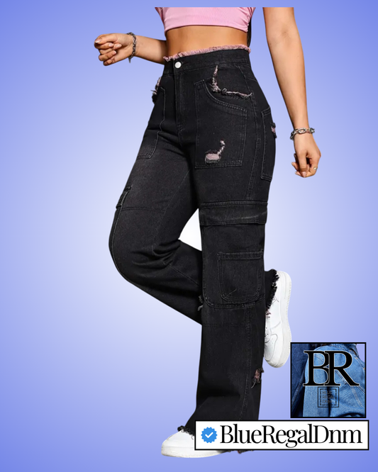 BlueRegalDnm Women's Vintage Ripped Distressed Cargo Denim Jeans