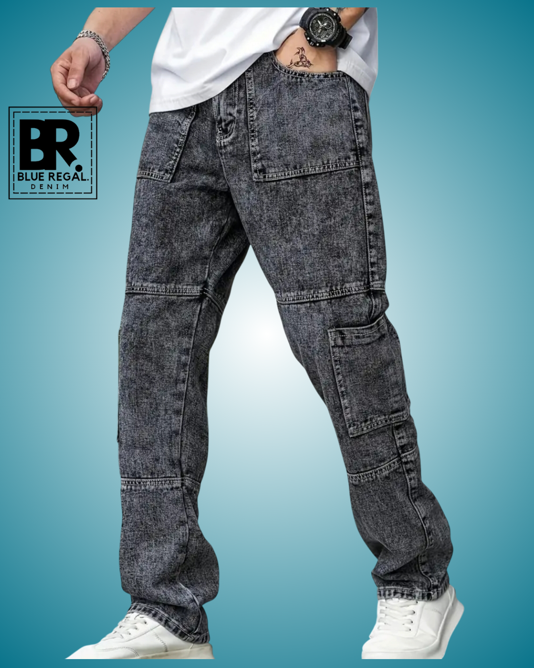 BLUE REGAL DNM Men's Casual Cargo Jeans with Large Pockets