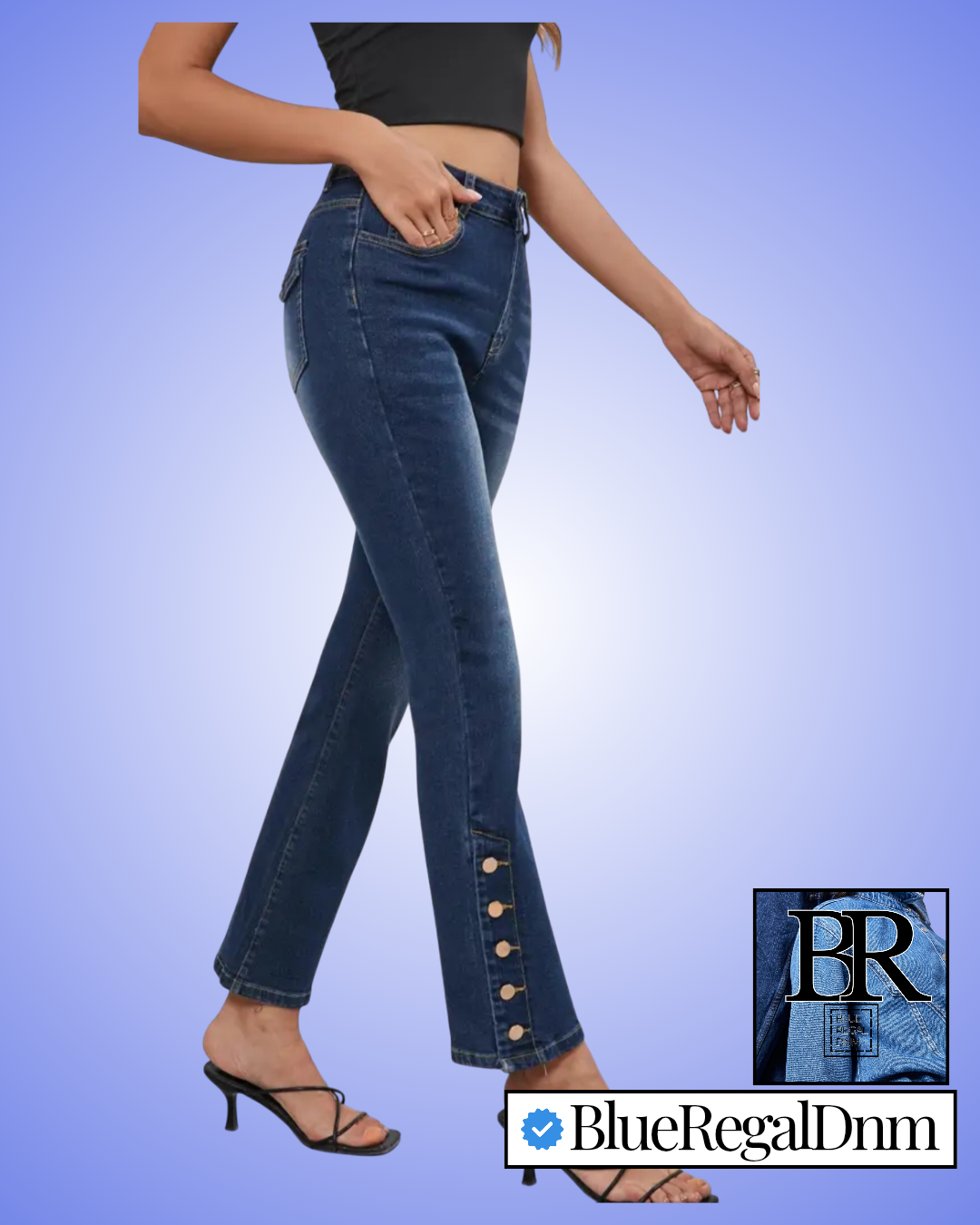 BlueRegalDnm Side Buttons Decor Hem Flare Leg Bootcut Slim Fit Jeans