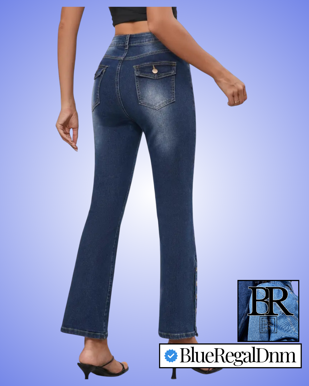 BlueRegalDnm Side Buttons Decor Hem Flare Leg Bootcut Slim Fit Jeans