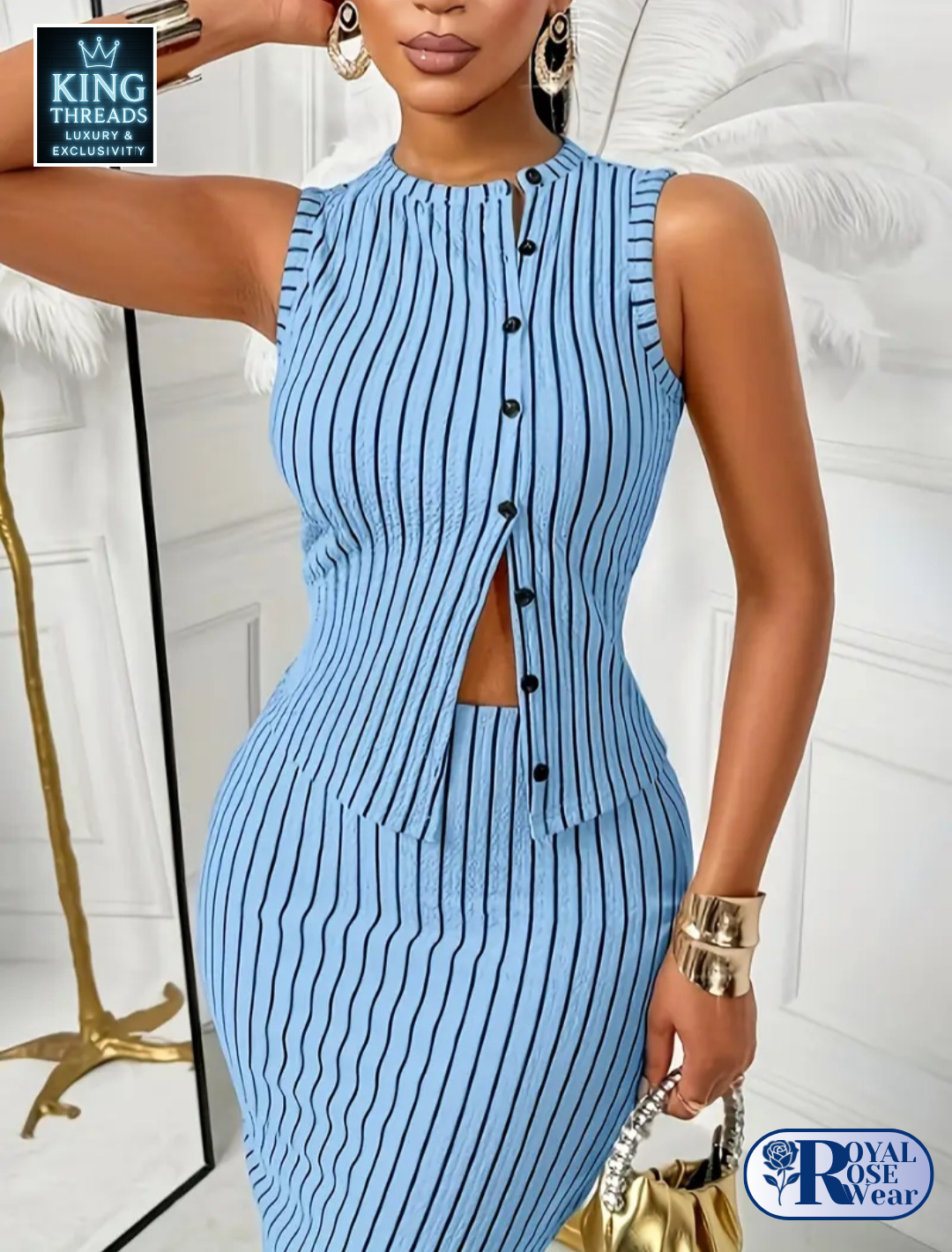 Royal Rose® Striped Button-Up Sleeveless Crop Top and Skirt Set
