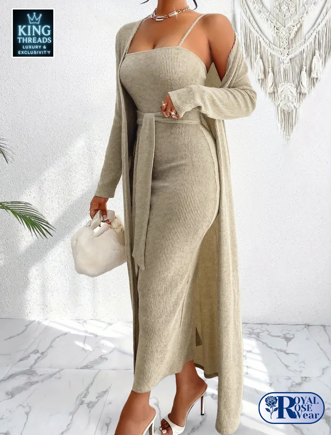Royal Rose® – Hollowed Ribbed Suspender Dress & Side-Tie Jacket Set