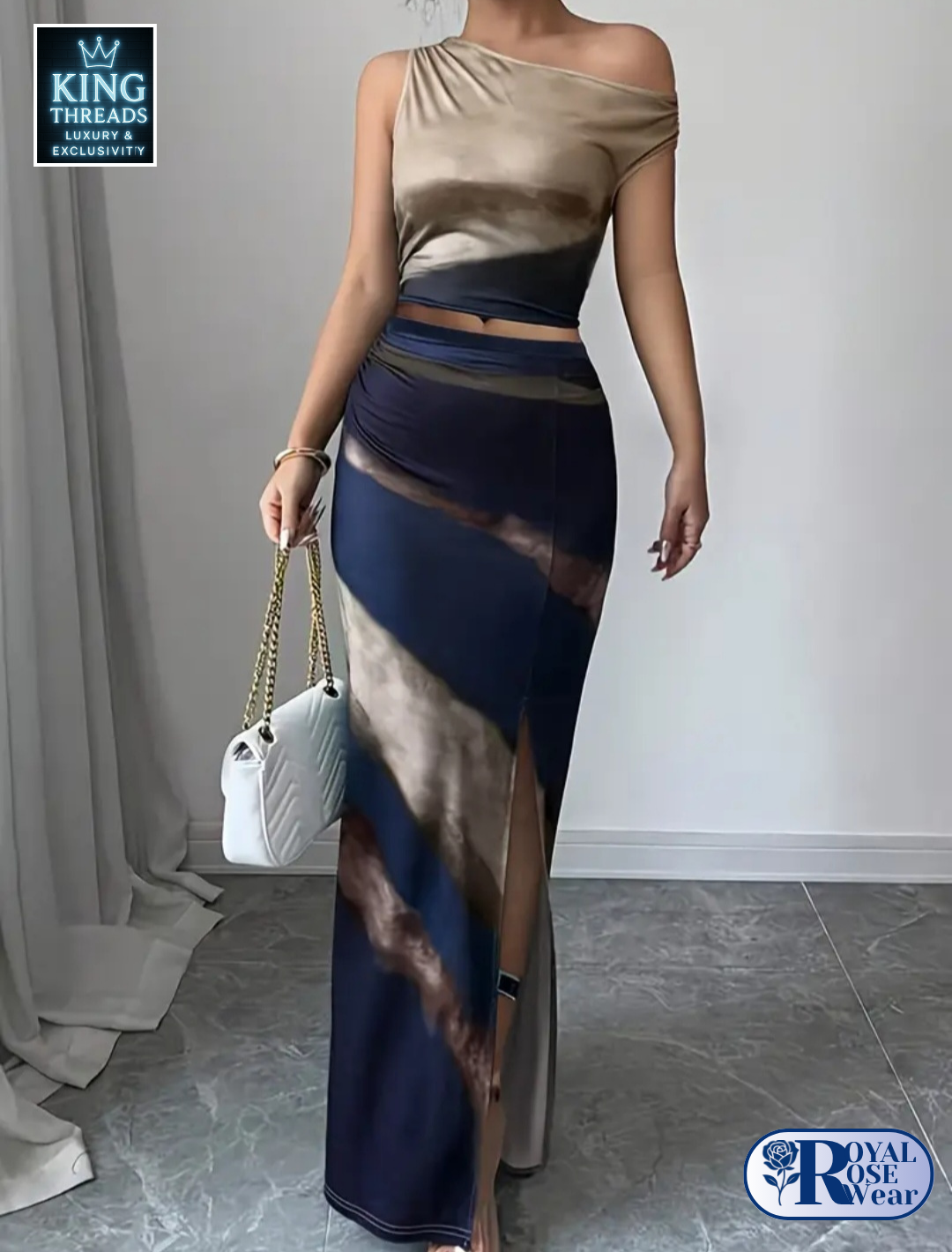ROYAL ROSE® 2 Piece Elegant Asymmetrical Neckline Sleeveless Top & High-Waisted Skirt Set