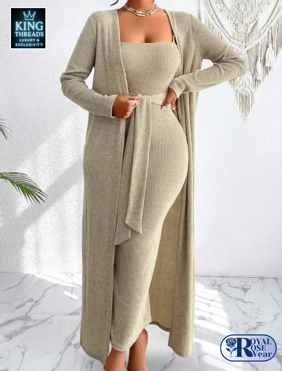 Royal Rose® – Hollowed Ribbed Suspender Dress & Side-Tie Jacket Set
