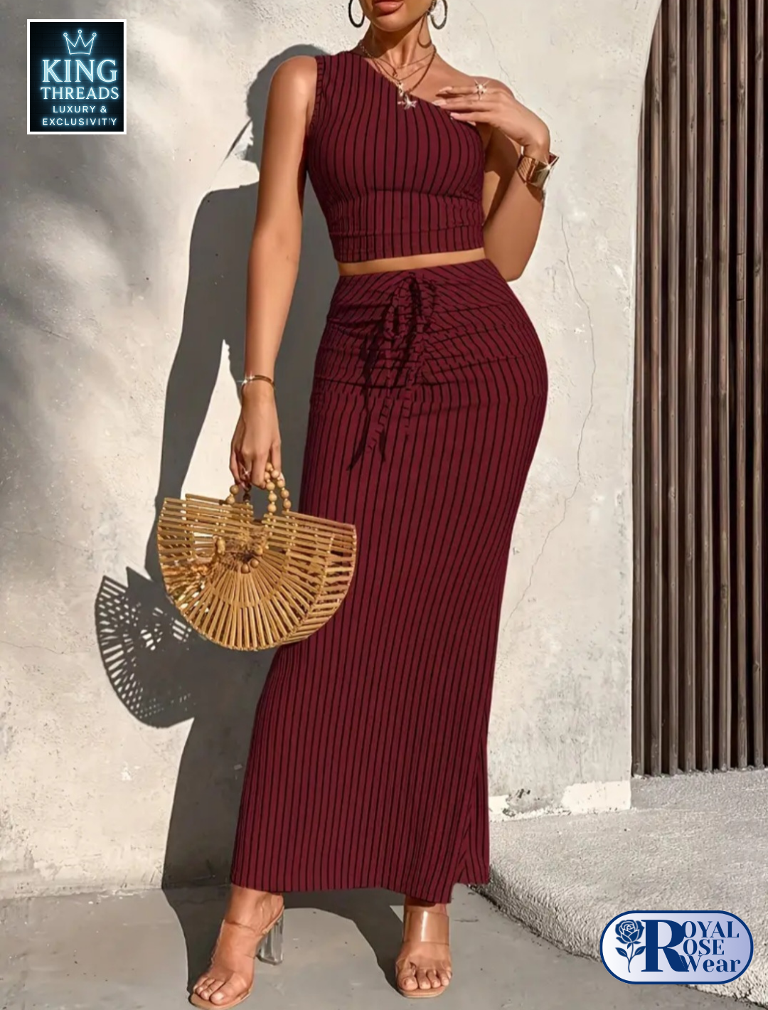 Royal Rose® – Striped One-Shoulder Pleated Top & Mermaid Skirt Set