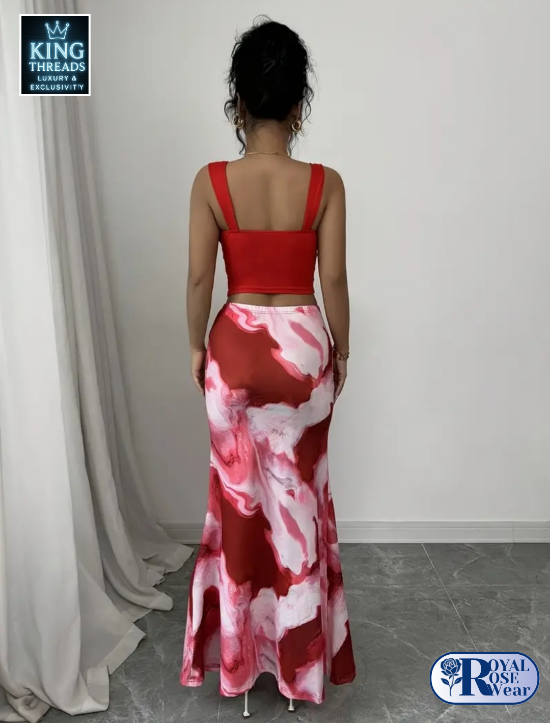 ROYAL ROSE® Elegant Floral Print Two-Piece Set  Red & White