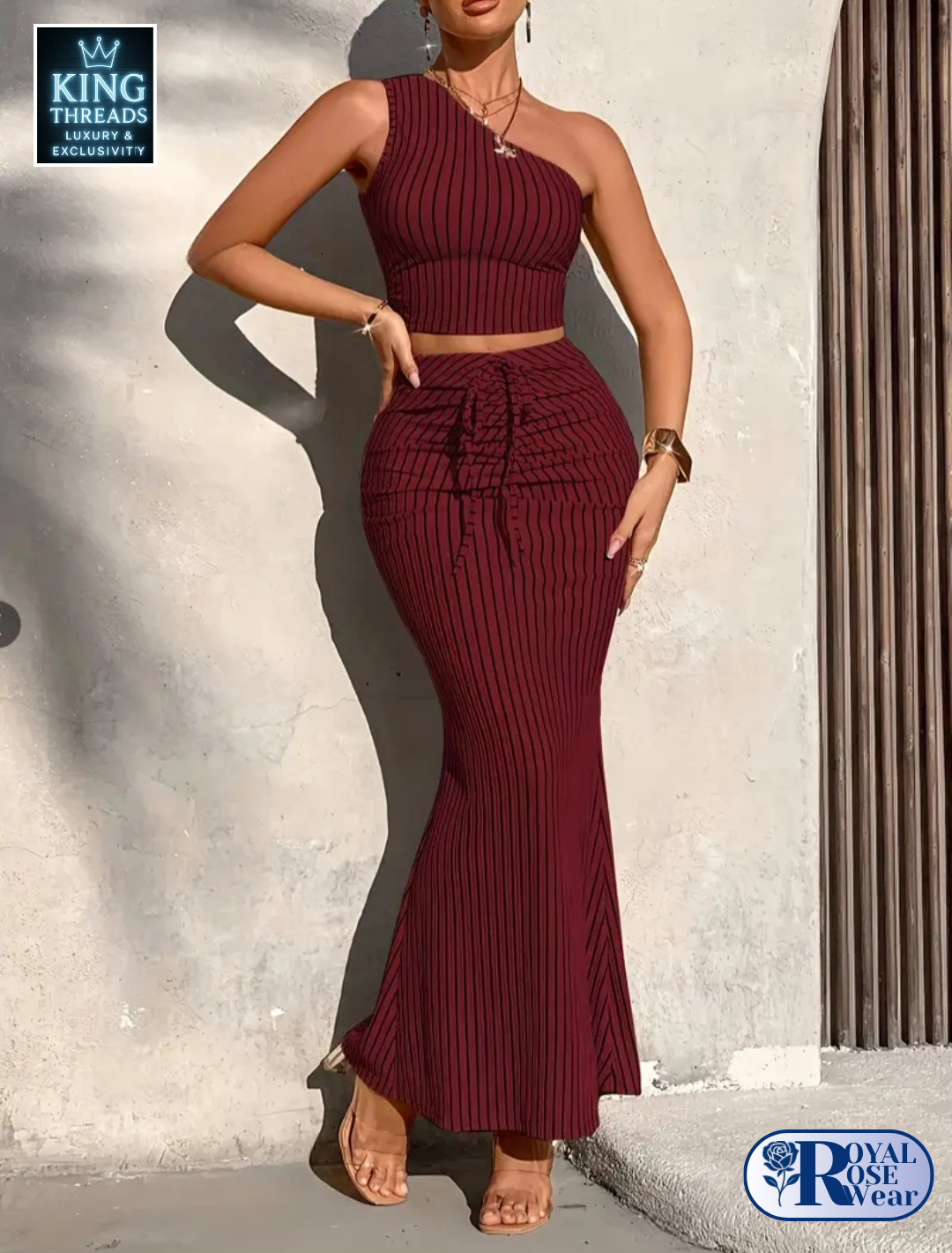 Royal Rose® – Striped One-Shoulder Pleated Top & Mermaid Skirt Set