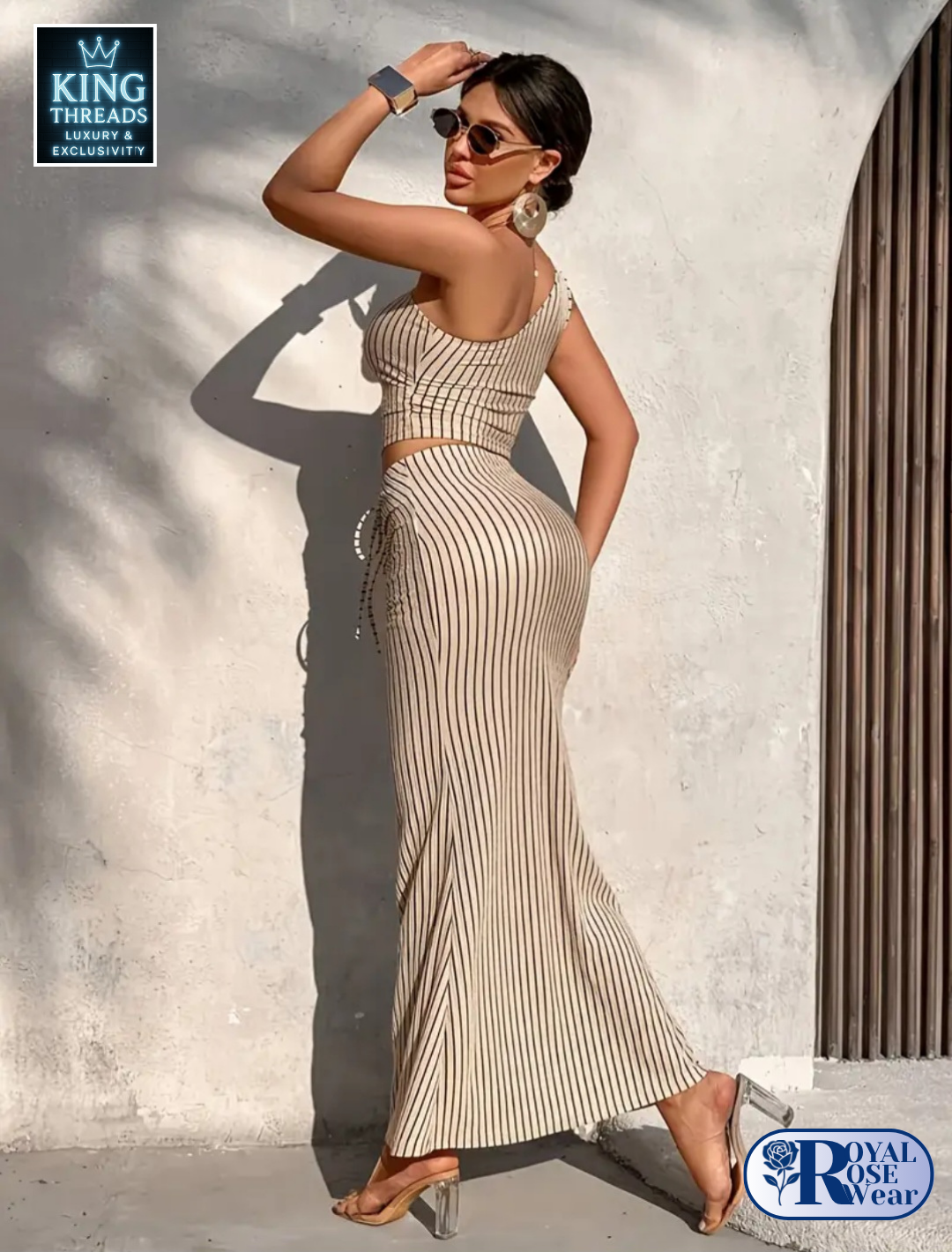Royal Rose® – Striped One-Shoulder Pleated Top & Mermaid Skirt Set