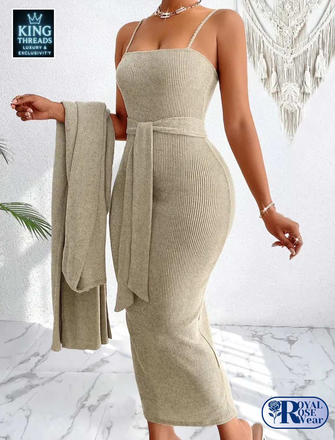 Royal Rose® – Hollowed Ribbed Suspender Dress & Side-Tie Jacket Set
