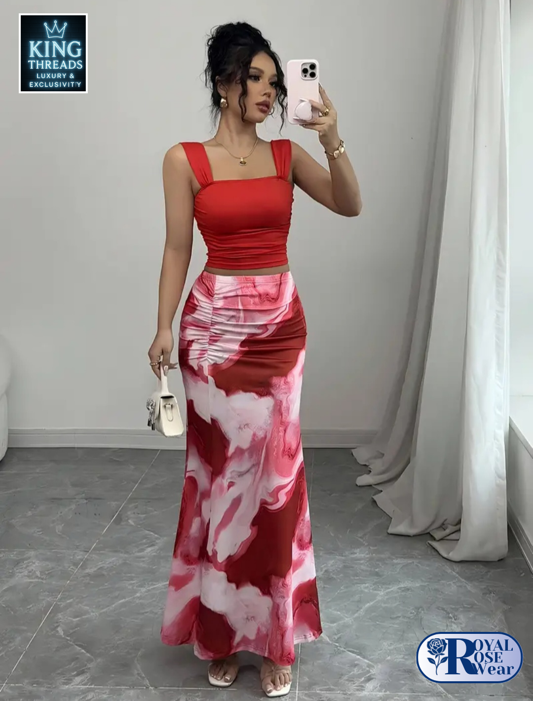 ROYAL ROSE® Elegant Floral Print Two-Piece Set  Red & White