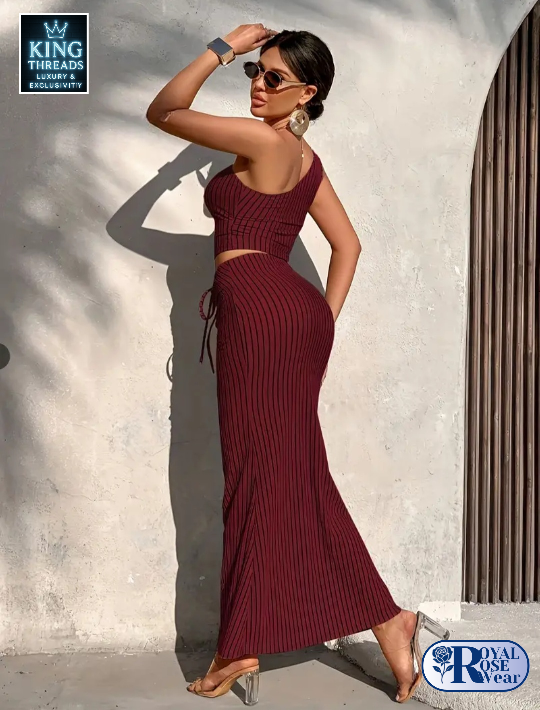 Royal Rose® – Striped One-Shoulder Pleated Top & Mermaid Skirt Set